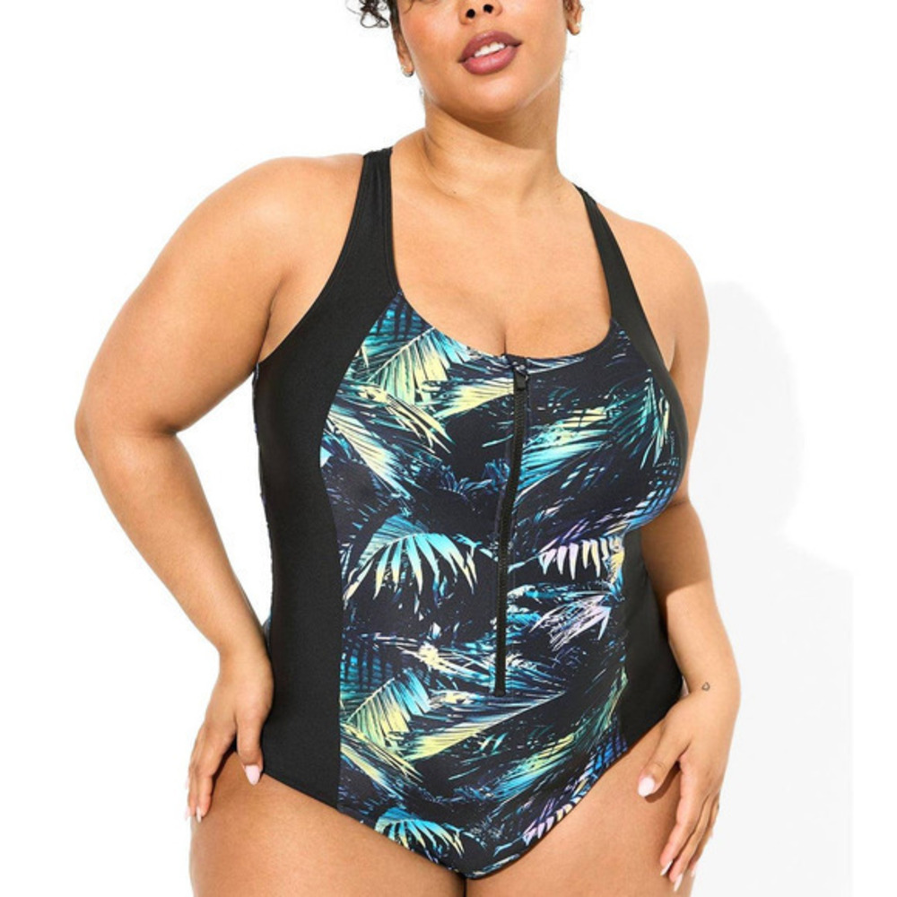 Torrid Plus Size 6 One Piece Active Tropical Print Wireless Racerback Swimsuit